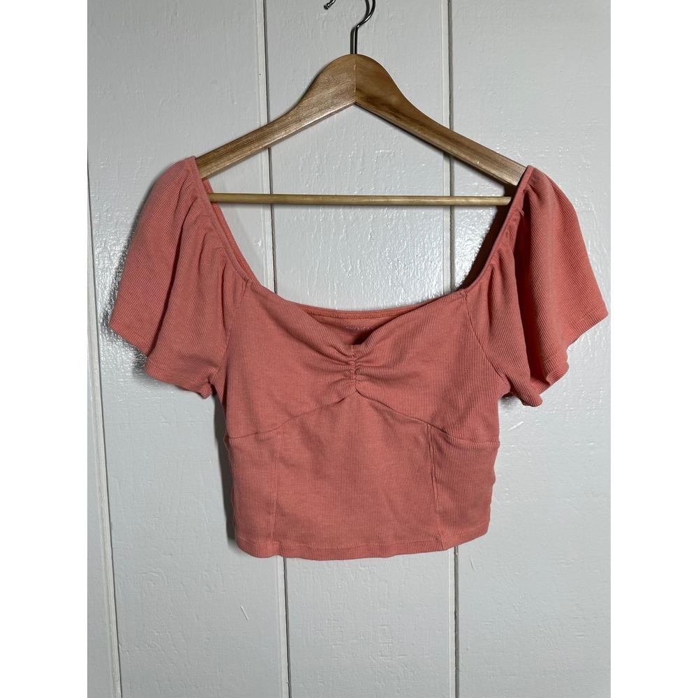 American Eagle Crop Top Womens M Coral Ribbed Sweetheart Flutter Sleeve 7560